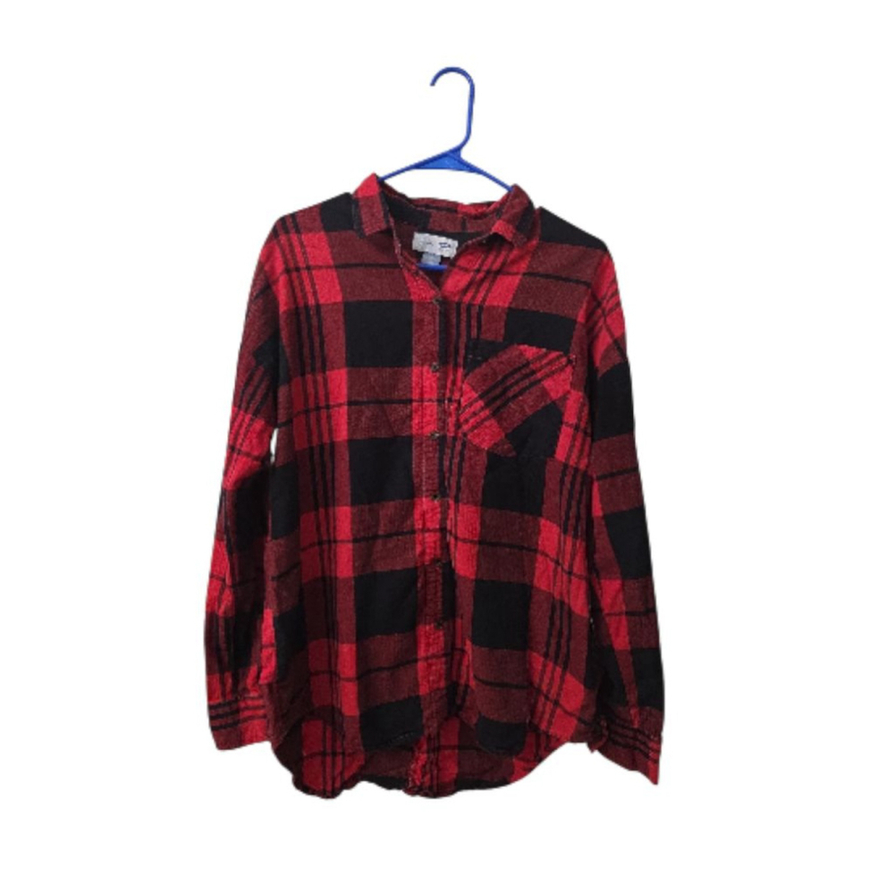 Old Navy Red Black Plaid Boyfriend Button Down Shirt Women's M
